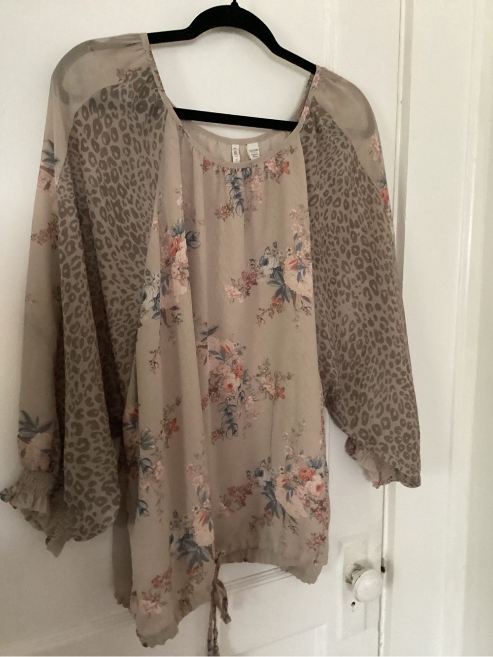 Cato Taupe Floral & Leopard Mixed-Print Sheer Blouse